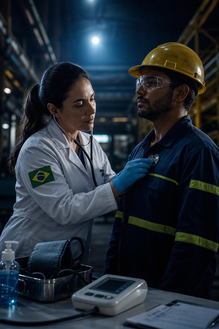 Enfermeira do trabalho atendendo um trabalhador em ambiente industrial