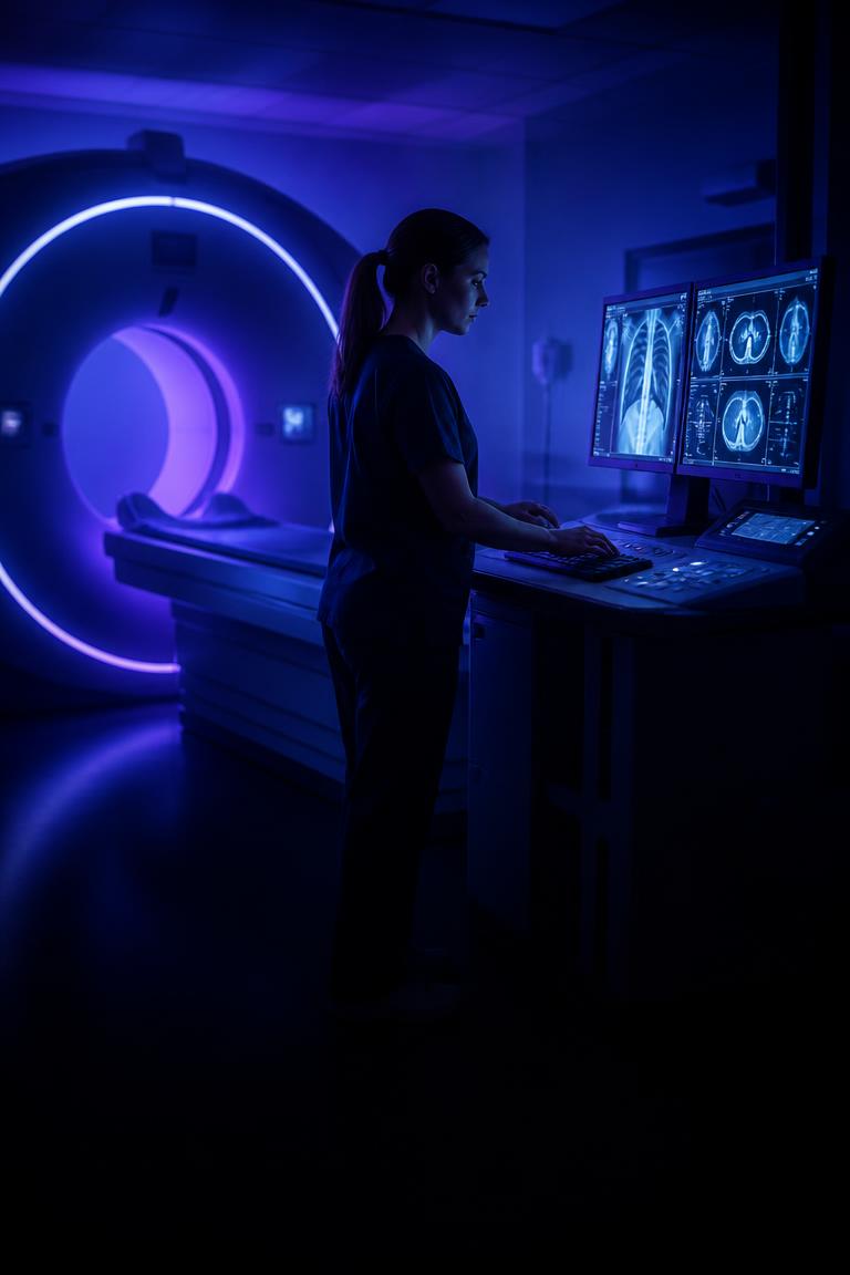 Técnico em radiologia operando o console de um tomógrafo iluminado em roxo